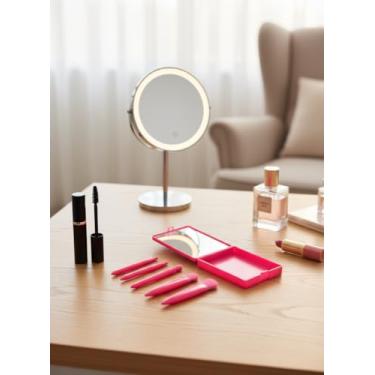 Imagem de Conjunto de 5 pincéis de maquiagem para viagem com espelho vermelho - kit de mini pincéis de sombra em pó corretivo portátil