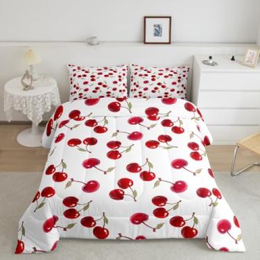 Imagem de jejeloiu Jogo de cama solteiro com estampa de cereja vermelha, para meninos, meninas, adolescentes, jade, branco, respirável, macio, leve, conjunto de edredom de microfibra