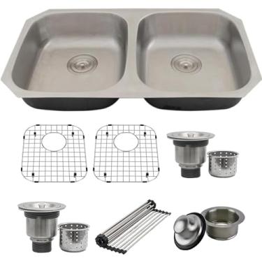 Imagem de Pia de cozinha Strictly Sinks, 91 cm, compatível com ADA, pia de cozinha, tigela dupla 50/50, pia de aço inoxidável ADA calibre 18 com 2 ralos de filtro, 1 flange de descarte, escorredor de louça