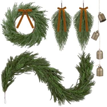 Imagem de Syhood Conjunto de 5 peças de decorações de vegetação de Natal inclui guirlanda de cedro artificial rústica de Natal guirlanda de gota, sino de metal para lareira, janela, porta da frente, mesa