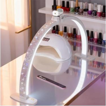 Imagem de Luz de meia lua para mesa de unhas com suporte de telefone, luz de meia-lua dobrável de 71 cm com diamante brilhante, lâmpada LED para arte de unhas, extensão de cílios, tatuagem, gerenciamento de