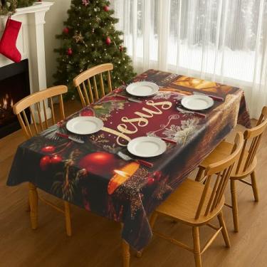 Imagem de HOMETITUTE Toalha de mesa de Natal rústica vermelha com estampa de Jesus brilhante 203 x 152 cm, toalha de mesa retangular religiosa festiva para sala de jantar, decoração de festa de Natal de inverno