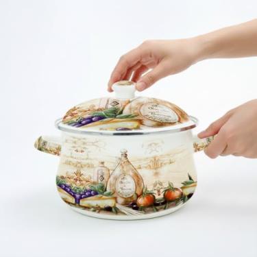 Imagem de Caçarola Esmaltada Vintage em Ferro, 3,6 Litros, Compatível com Fogão a Gás, Elétrico e Indução, 22 x 28 x 20,5cm, com Tampa