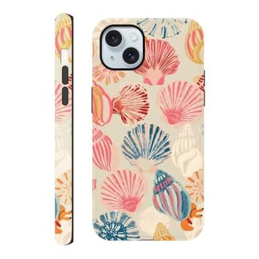 Imagem de Capa compatível com iPhone 15 Plus de 6,7 polegadas, capa de telefone de verão com arte de concha do mar rosa, capa rígida híbrida protetora resistente a arranhões de 2 camadas para meninas mulheres e