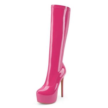 Imagem de Perisis Botas femininas com plataforma na altura do joelho, bico redondo, couro envernizado, salto alto, salto alto, com zíper lateral para mulheres elegantes, Rosa choque, 38