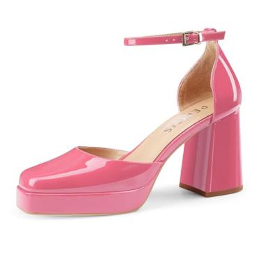 Imagem de Perisis Salto plataforma preto salto alto grosso couro envernizado salto quadrado fechado salto bloco com tira no tornozelo para mulheres senhoras sexy, Patente rosa, 37