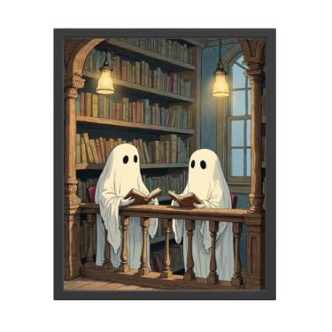 Imagem de Halloween Ghost Library Reading Wall Art Decoration Print Poster, Gothic Dark Academia Poster Painting Decoration (20 x 25 cm sem moldura)