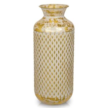 Imagem de Vaso de flores rústico de metal, vaso dourado com padrão vintage de 40,6 cm para decoração de casa de fazenda, flores artificiais e centros de mesa