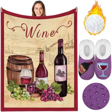 Imagem de Buryeah Pacote com 2 meias cobertor de vinho e chinelo para amantes de vinho, presentes de 127 x 152 cm, cobertor de flanela macia, meias felpudas e quentes com sola antiderrapante, presente de