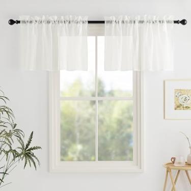 Imagem de Cortina de janela semitransparente bege claro para cozinha, bolso para varão de filtragem de luz para sala de estar, sanefa de voile para cozinha, 1 par, 127 x 45 cm de comprimento