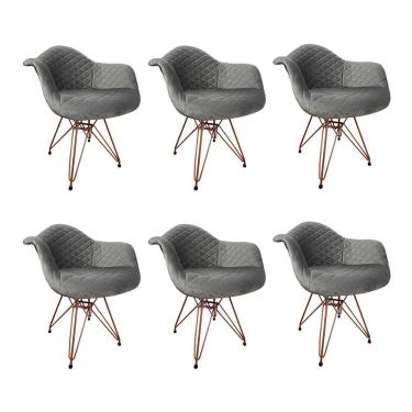 Imagem de Kit 6 Poltronas Jantar Estofadas Cinza Base Cobre Cinza