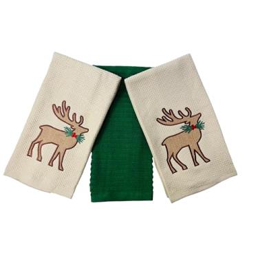 Imagem de Serafina Home Toalhas de mão para pratos de cozinha de Natal – Conjunto de 3 100% algodão creme e rena bordada verde com design de guirlanda de azevinho – Toalhas multiuso de 63,5 x 38 cm para uso