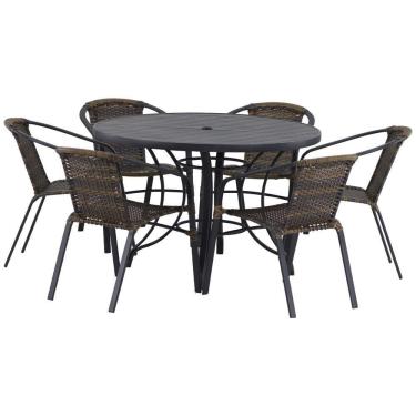 Imagem de 6 Cadeiras Floripa E Mesa Tampo Ripado Aluminio Piscina Jardim Trama Original Pedra Ferro