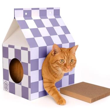 Imagem de Chomp Haus Casa de papelão para gatos com raspadinha – Refúgio ecológico durável, fácil montagem, design elegante xadrez ameixa, móveis internos para gatos