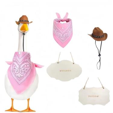 Imagem de 4 peças de roupas de ganso de varanda para estátua de ganso de varanda de 58 cm, ganso de cimento, ganso de jardim e ganso de gramado com placas de madeira/chapéu de vaqueiro/cachecol (rosa)