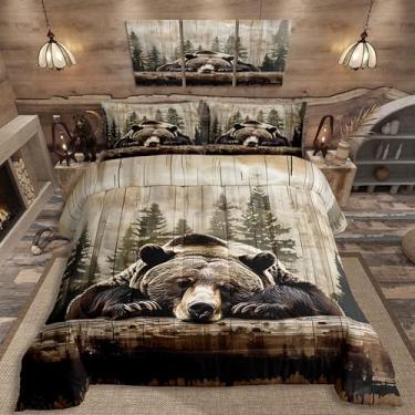 Imagem de Feelyou Conjunto de edredom Queen com urso pardo, caça de animais selvagens, 2 fronhas, cabana ocidental, 3 peças, para decoração de quarto de crianças, meninos e adolescentes, interior rústico de