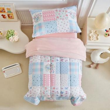 Imagem de Joyreap Conjunto de cama infantil de 4 peças - design de patchwork rosa e azul, conjunto de edredom infantil de microfibra para meninas