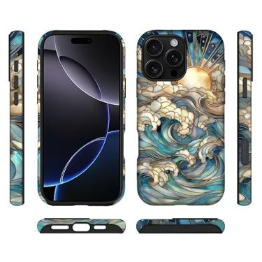 Imagem de ilikediy Capa híbrida para iPhone 16 Pro Max com 2 camadas rígidas de silicone com estampa protetora - vitral ondas do oceano sol