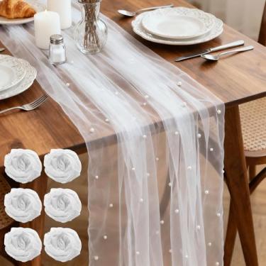 Imagem de Yivioep Pacote com 6 Caminho de mesa de pérola, tecido de tule 79 x 300 cm com pérolas para arco de casamento, festa de aniversário, decoração de chá de bebê, decoração de mesa de sobremesa de véu de