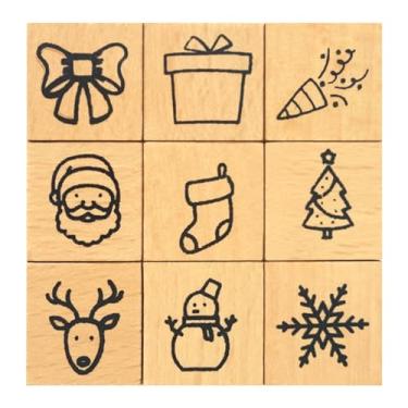 Imagem de Wissppoott Conjunto de 9 peças de carimbos pequenos de borracha de madeira de Natal de 9 peças, Papai Noel, floco de neve, boneco de neve, rena, caixa de árvore de Natal, arco e fogos de artifício