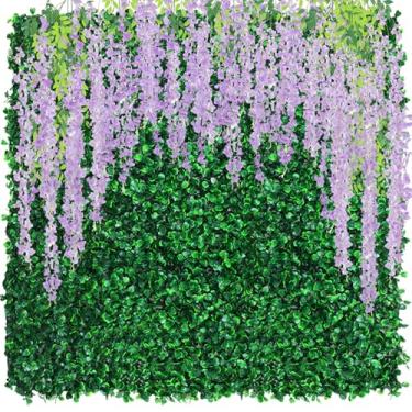 Imagem de Juinte Pacote com 54 panos de fundo verde com flores, inclui 18 peças de painéis de parede de grama de 40,6 cm x 61 cm, painéis artificiais de buxo, 36 peças, guirlanda de flores penduradas de