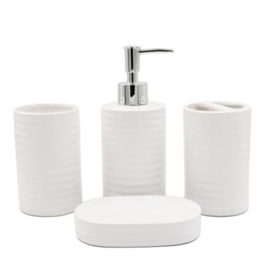 Imagem de Kit de Banheiro Cerâmica 4 Peças Porta Sabonete Líquido/Saboneteira/Porta Escova/Porta algodão(KB3001-BRANCO)