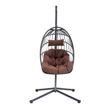 Imagem de CFMAIF Cadeira suspensa para ovos com suporte, rede dobrável, capacidade de 158 kg, para varanda e jardim (preto marrom)