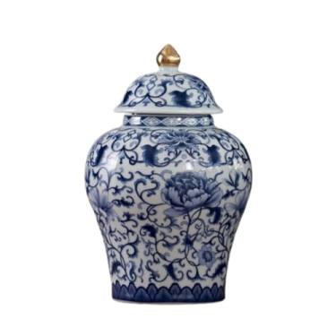 Imagem de ADAOQIN Jarra decorativa de gengibre vaso decorativo de cerâmica chinesa de gengibre vasos florais com tampa, vaso de porcelana esmaltado dourado, potes de templo, jarra de armazenamento de chá