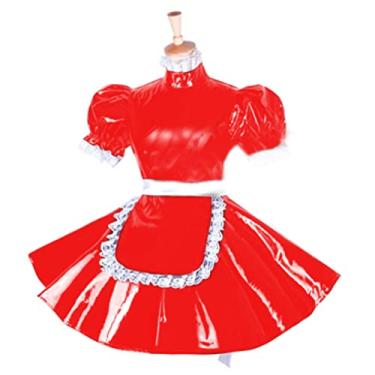 Imagem de Vestido curto para cosplay de uniforme de empregada em PVC, plus size, vermelho, 2GG