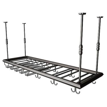 Imagem de Prateleira de vinho de metal de ferro de 39/47 polegadas preta, prateleira de vinho suspensa com suporte de vidro e prateleira, suporte de garrafa de vinho ajustável para pendurar no teto/120 cm/47