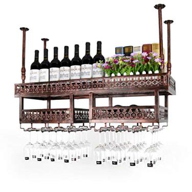 Imagem de Rack de vinho tinto Suporte de copo de vinho industrial, suporte de parede para copos de vinho e suporte de garrafa de vinho, organizador de armazenamento de prateleira de vinho americano de 2 camadas