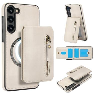 Imagem de Carteira destacável compatível com carregamento sem fio Magsafe para Samsung Galaxy S23 FE capa com suporte para cartão, bolso com zíper, suporte 2 em 1 capa à prova de choque (branca)