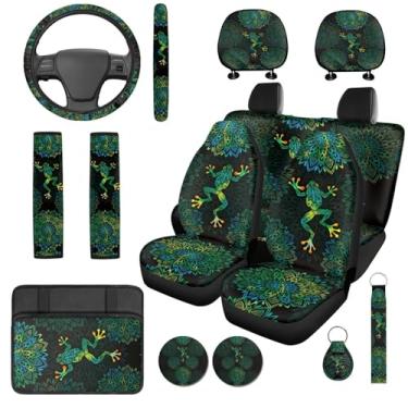 Imagem de Bulopur Conjunto completo de capas de assento de veículo de sapo floral Boho com capa de volante de carro combinando para cinto de segurança, almofada de encosto de cabeça, conjunto de decoração de