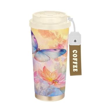Imagem de SEHANY Caneca de viagem borboleta e flores de 482 ml Copos de café reutilizáveis revestidos de cerâmica com tampa à prova de vazamento, parede dupla, isolamento a vácuo, copo de café de aço inoxidável