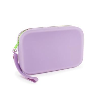 Imagem de FuninCrea Bolsa de maquiagem de silicone, estojo de lápis à prova d'água com alça de pulso, bolsa de cosméticos pequena para bolsa compacta de viagem para escova de dentes de batom, Roxa, 8 x 4.8 x