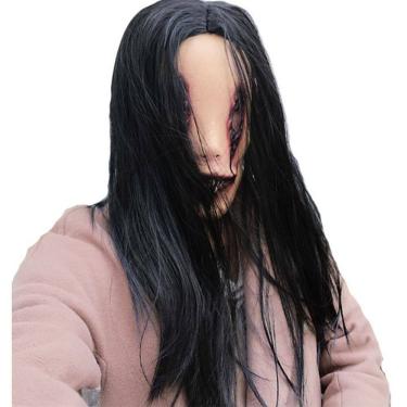 Imagem de Máscara facial completa de látex preta de cabelo comprido Ghost