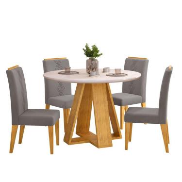 Imagem de Conjunto Sala De Jantar 4 Cadeiras Tampo Redondo Com Vidro Kiara Cedro Off White Yasmin Veludo Lunar - Dj Móveis