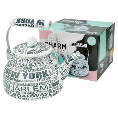 Imagem de Charm New York Chaleira Esmaltada Vintage, Ferro com Revestimento em Esmalte, 2,5L, Cabo em Porcelana, Compatível com Fogão a Gás, Elétrico e Indução, 19 x 23 x 25 cm