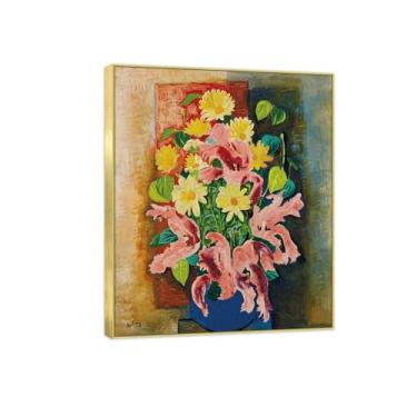 Imagem de BMZFYBS Pintura de arte de parede de flores - imagem de decoração vintage - buquê de flores - impressões em tela moldura dourada para sala de estar 30 x 35 cm 12 x 13 polegadas