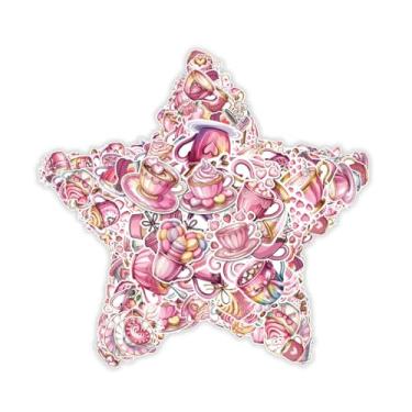 Imagem de 60 peças de adesivos de café e cacau, pacote de valenina, adesivos de vinil à prova d'água com tema de caneca e copo rosa fofos com corações, chocolates e lattes, adesivos cortados à prova d'água para