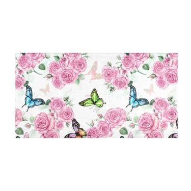 Imagem de Burbuja Tapete de corredor rosas borboletas de pelúcia antiderrapante tapete de cozinha suporte de borracha para corredor, quarto, sala de estar, decoração de entrada, lavável na máquina, 51 x 99 cm