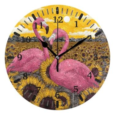 Imagem de CEBUGI Relógio de parede flamingos girassol operado por bateria relógios redondos silenciosos sem tique-taque relógios de parede para cozinha, banheiro, quarto, escritório, decoração 25,4 cm