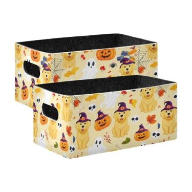 Imagem de Burbuja Cães usando chapéus de bruxa, caixa de armazenamento dobrável com alças – caixa de armazenamento de feltro para organizar brinquedos, livros, maquiagem, panos, meias em prateleira, armário