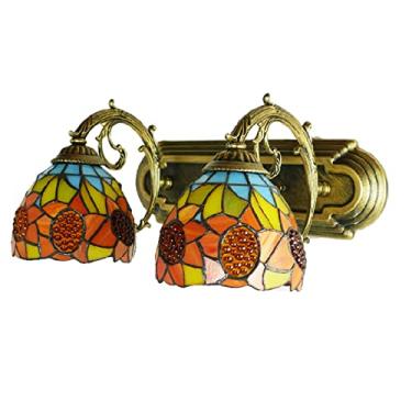 Imagem de Luminária de parede estilo Tiffany vintage com vitral de girassol para banheiro, com espelho frontal floral campestre para maquiagem, ideal para banheiro e corredor. 2 lâmpadas.
