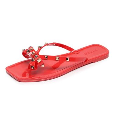 Imagem de OMGard Sandálias femininas cravejadas com laço, sapatos gelatinosos, bege, tamanho plano, tamanho 40, chinelos de dedo quadrado sem cadarço com rebites, Vermelho, 36