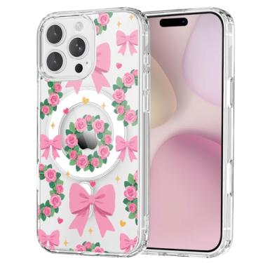 Imagem de OFQKOAKS Capa para iPhone 16 Pro, compatível com MagSafe, linda romântica rosa rosa guirlanda laço magnético dia dos namorados, capa protetora fina e transparente para amantes