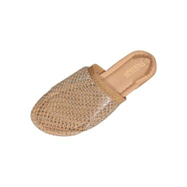 Imagem de Chinelos femininos com strass bico redondo bico fechado casual praia primavera verão versátil UE 36-43 Reino Unido 3,5-7 EUA 5,5-9 comprimento do pé 23-26,7 cm, Dourado, 34