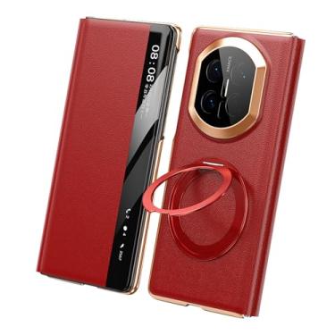 Imagem de FWYANZH Capa de couro genuíno para Huawei Mate X7, capa dobrável para janela lateral inteligente, suporte de anel giratório, capa de proteção luxuosa à prova de choque, vermelha, Mate X7