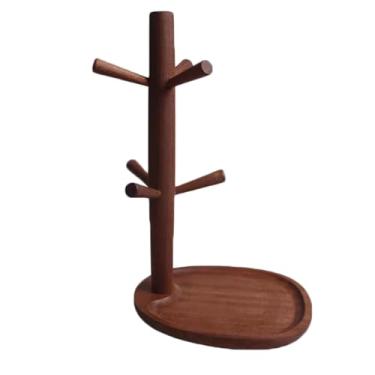 Imagem de LNQKJXIIA Boutiques US Caneca de café de madeira maciça com 6 ganchos, design de galho angular de 60°, suporte de copo de madeira de base grossa para escorredor de pratos de bancada