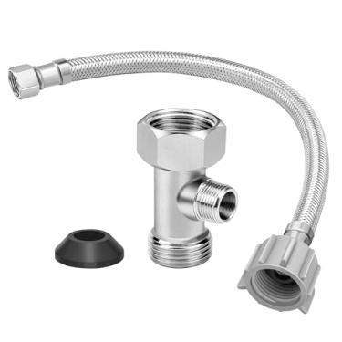 Imagem de EEEKit Adaptador de bidê T, válvula T de metal para bidê (7/8 x 7/8 x 3/8) ou (15/16 x 15/16 x 9/16) com conector de vaso sanitário flexível de 12 polegadas